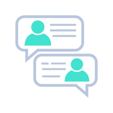 Teal biçimlendirilmiş profil simgeleri ve yatay metin satırları yuvarlak sohbet baloncukları arasında oturur, görsel olarak çevrimiçi konuşmaları veya beyaz arkaplan üzerindeki ileti paylaşımlarını temsil eder.