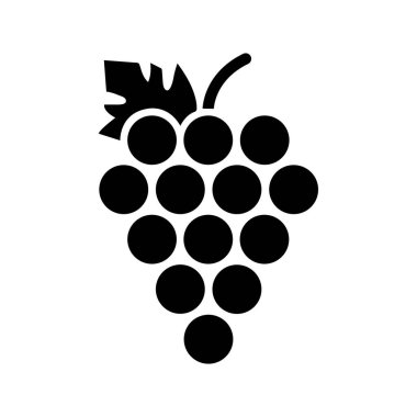 Yapraklı bir demet üzüm siyah bir siluette resmedilir. Beyaz arka planda ayrıntılı bir yaprak ve yuvarlak üzümlerden oluşan bir küme içerir..
