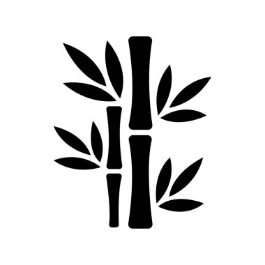 Basit bir siyah bambu sapı ve yaprak ikonu beyaz arka planda minimalist bir şekilde sergilenir ve doğal bitki elementlerini gösterir..