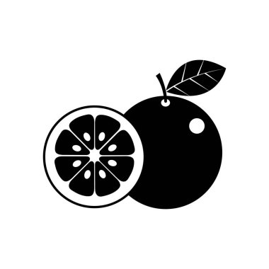 Beyaz arka planda siyah turuncu ve yapraklı yarım dilim sunulur..