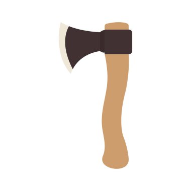 Tahta saplı kahverengi balta, beyaz bir arka planda sergilenen ağaç kesim için bir bıçak ve sapı içeren orman ekipmanlarını gösteriyor..