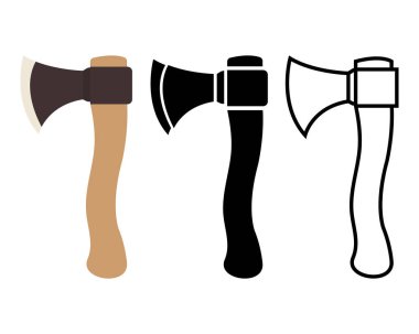 Vektör resmi, beyaz bir arkaplanda kahverengi, siyah ve ana desenli kahverengi saplı üç balta ve kahverengi bıçakları gösterir.