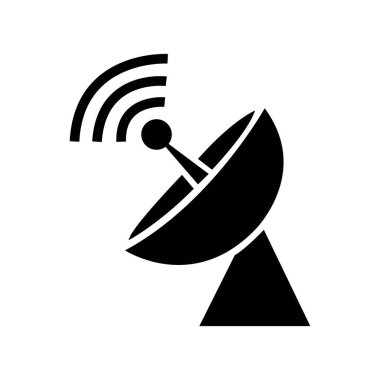 Siluet, iletişim uydusunun beyaz zemin üzerinde sinyal dalgaları gönderdiğini gösteriyor. Modern bağlantı noktasını gösteriyor..