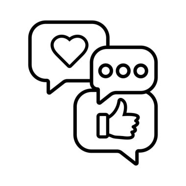 Sosyal medya, benzer ve kalp etkileşimi ile ilgili yorumlar gösteriyor. Siyah ana hatlı simge, beyaz arkaplan üzerindeki dijital bağlılık ve bağlantıyı temsil eder.