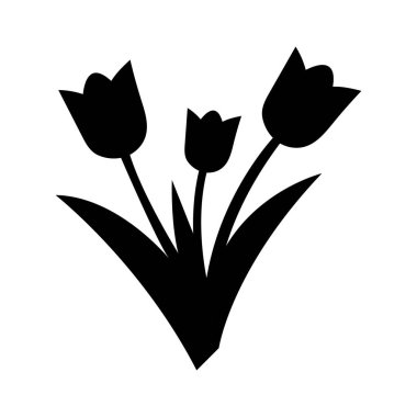 Üç soyut lale çiçeği koyu siyah yapraklarla çiçek açar ve beyaz arka plana karşı basit ama zarif bir düzenleme oluşturur..