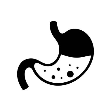 Siyah bir mide içeride kabarcıklar gösteriyor, bu da beyaz arka planda sindirim olduğunu gösteriyor..