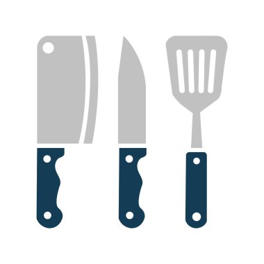Gray kitchenware includes a large knife, cleaver, and slotted turner with dark blue handles shown as flat vector images against a clean transparent background.