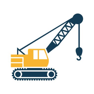Yellow cabin crane with a blue hook and tracks is isolated against a white background representing construction equipment, machinery, and industry.