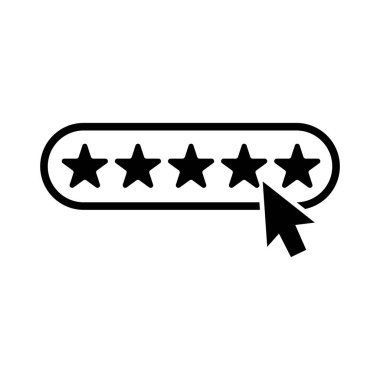 Black cursor hovers over the fifth star among five stars rating, set inside a rounded rectangle shape isolated on white background.