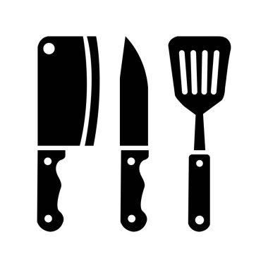 Isolated black kitchenware icons exhibit a cleaver, chef's knife, and a slotted spatula, rendered in silhouette against a clean white backdrop.