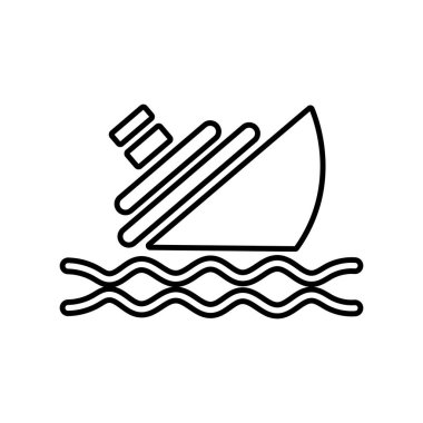 Black outline depicts a vessel sinking into the water amidst undulating waves, set against white backdrop and shows a maritime mishap.