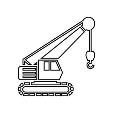 Outlined in black, a construction crane with a prominent hook is shown, stark against a contrasting white backdrop. It represents heavy equipment icon.