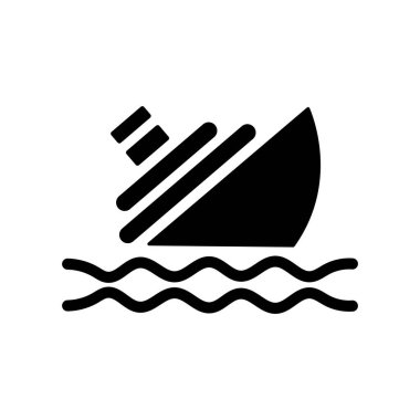 Black shipwreck icon shows a sinking ship in ocean waves, providing a clear symbol of maritime disaster against a clean white background.