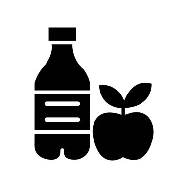 Black silhouette shows bottle and apple with two leaves on the white background.