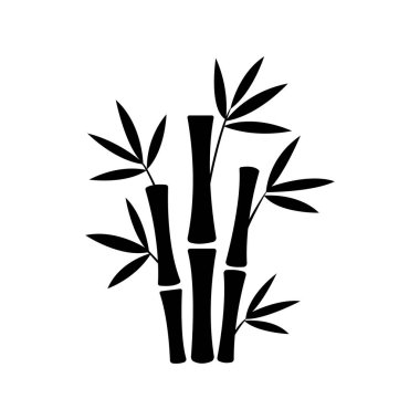 Black silhouette features a cluster of bamboo stalks, each adorned with several pointed leaves, elegantly displayed against a clean, crisp white background.