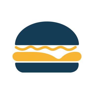 Simple, bold icon showing a stylized burger with blue buns and a yellow patty filling. The image focuses on a clean, minimalistic depiction of the food item.
