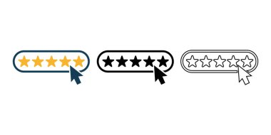 Five stars rating system with cursor icons are displayed in color, solid black, and outline designs against a white background.