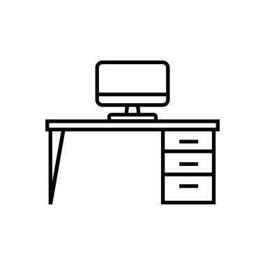 Line art displays a black desk beneath a monitor featuring three drawers. The isolated setup is presented on a white background.