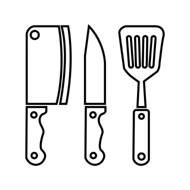 Line art features kitchen utensils a cleaver, a knife, and a slotted spatula, each with dark handles; all arranged against a clean white background.