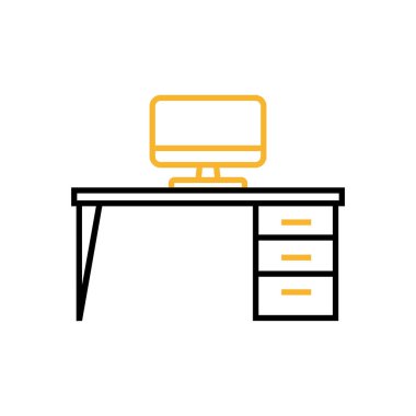 Minimalist illustration featuring a modern office desk with a computer monitor in black and yellow, isolated against a white background, suitable for various projects.