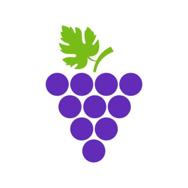 Purple grapes cluster with a vibrant green leaf positioned on top, rendered in a clean and simple style against a solid white background.