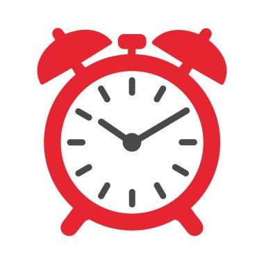 Simple red alarm clock features two bells and short black hands, displaying the time on a white background.