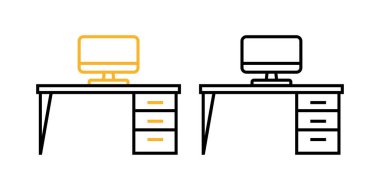 Two linear desks feature computers with one golden and one black line art design on a white background showing office furnishing elements.