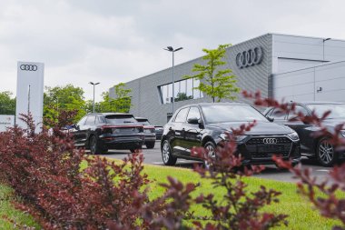 Audi arabaları bir galeri binasının önüne park edilmiş.