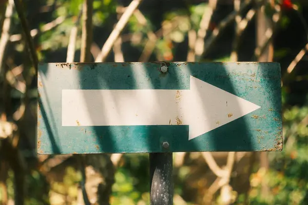 Kırsal yeşil bir işaret açık beyaz bir ok ile sağı işaret ediyor, açık hava ortamında havalanma ve pas belirtileri gösteriyor.