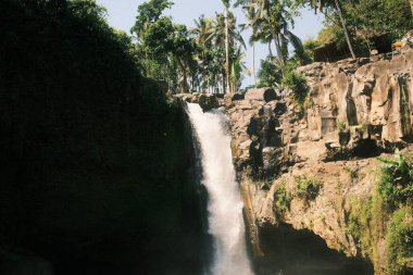 Geniş bir şelalenin nefes kesici manzarası, muhtemelen Tegenungan ya da Blangsinga, güçlü akıntısı engebeli bir uçurum yamacından aşağı düşerken