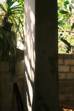 Bu görüntü, güçlü ve noktalı güneş ışığını yakalar. Beton bir sütuna ve sert tuğla bir duvara soyut gölgeler bırakır. Açık bir Bali ortamında doğal bir ışık deseni oluşturur.