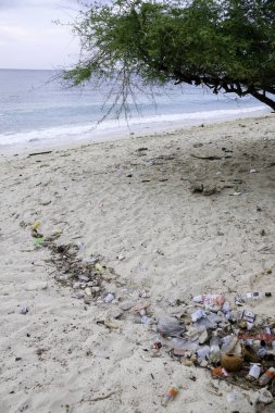 Dili, Timor Leste - 7 Ocak 2022: Plastik kirliliği tropik bir plaj boyunca yayıldı