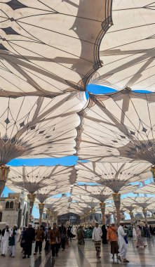 Medine, Suudi Arabistan - 6 Mart 2024: Seyyahlar, Hz. Muhammed el-Mecid an-Nabawi 'nin ana camisine dev şemsiyeler altında yürür ve namaz kılmaya hazırlanırlar..