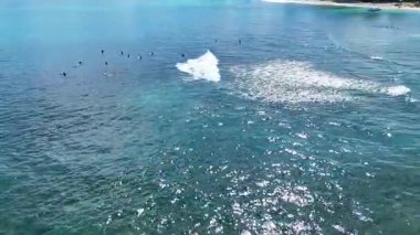 Krui, Endonezya - 16 Nisan 2025: Krui Sahili, Lampung 'da sörfçülerin hava görüntüsü