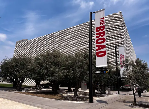 Los Angeles, Kaliforniya ABD - 26 Mayıs 2025: Broad Museum, Building Side, Part Cloudy with Blue Skies, Contemporary Art Museum, Grand Avenue, Downtown LA. Peçeli Kasa Tasarımı, Diller Scofidio Renfro Gensler, gözenekli, bal peteği gibi dış görünüşlü