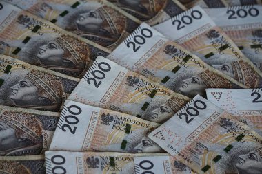 Çeşitli kağıt banknotları olan Polonya parası yayılmış. Para birimi Polonya 'da nakit ödemelerde kullanılan farklı değerleri gösteriyor.