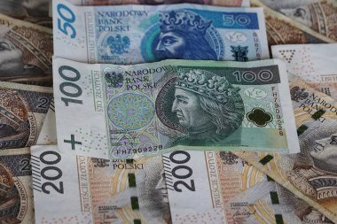 Çeşitli kağıt banknotları olan Polonya parası yayılmış. Para birimi Polonya 'da nakit ödemelerde kullanılan farklı değerleri gösteriyor.