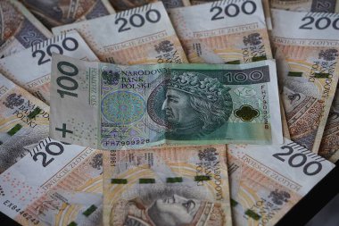 Çeşitli kağıt banknotları olan Polonya parası yayılmış. Para birimi Polonya 'da nakit ödemelerde kullanılan farklı değerleri gösteriyor.