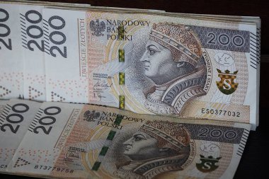 Çeşitli kağıt banknotları olan Polonya parası yayılmış. Para birimi Polonya 'da nakit ödemelerde kullanılan farklı değerleri gösteriyor.