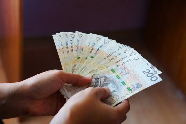 Çeşitli kağıt banknotları olan Polonya parası yayılmış. Para birimi Polonya 'da nakit ödemelerde kullanılan farklı değerleri gösteriyor.