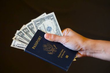 Pasaportun içine gizlenmiş dolar seyahat hazırlıklarını ve uluslararası seyahatlerde harcamaları yönetme ihtiyacını sembolize eder.