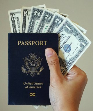 Hafif bir arka planda Amerikan pasaportu tutuyor. Belge kapağının dokusuna ve detaylarına odaklan.