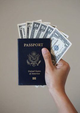 Tarafsız bir geçmişe karşı Amerikan pasaportu elinde tutuldu. Belge kapağının ayrıntılarını temizle.