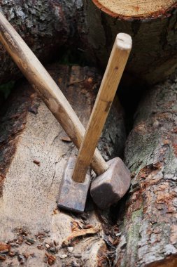 Tahta bir yüzeyde yan yana duran tahta saplı iki büyük çekiç. Kulpların ve metal kafaların görünür detayları.