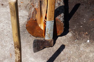 Tahta saplı ve keskin bıçaklı bir balta. Odun kesmek için pratik bir araç, bahçe ve orman işleri için mükemmel..