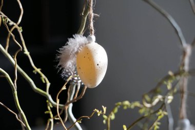 Bir ipte paskalya yumurtası süsü, narin kuş tüyüyle süslenmiş, el yapımı dekorasyon, yakın plan, renkli detaylar, neşeli atmosfer, geleneksel zanaat.