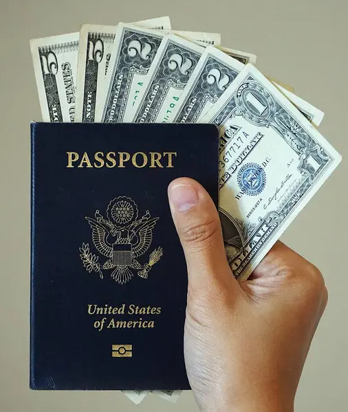 Hafif bir arka planda Amerikan pasaportu tutuyor. Belge kapağının dokusuna ve detaylarına odaklan.