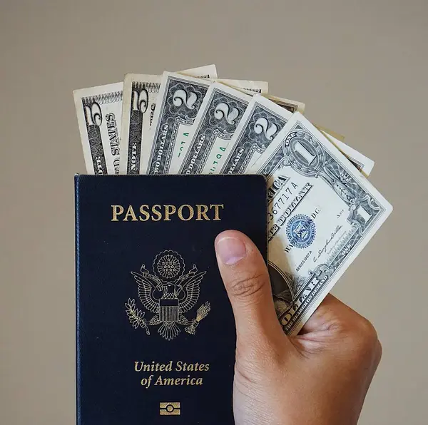 Yan yana yerleştirilmiş Amerikan pasaportu ve Amerikan dolarlarının yakın çekimi. Belge ve paranın ayrıntıları görünür.