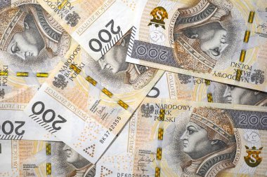 Polonyalı 200 zloti banknot bir yüzeye saçılmış. Görüntü, para, para ya da harcamayı sembolize eden düzensiz bir şekilde nakit gösteriyor..