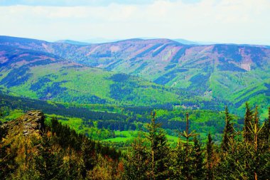 Panoramic view of the Czech mountains, picturesque peaks and valleys, green forests, natural landscape, peaceful atmosphere, distant view, hiking and nature in the Czech Republic.
